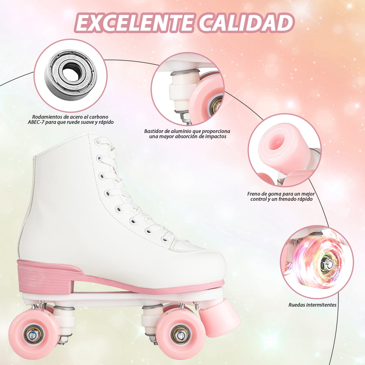 JieC Roller Skate for Women&Men, Adult Teen Classic Fashion Roller Skates with Pink Flash Wheel, White&Pink(Women's 8 / Men's 7)