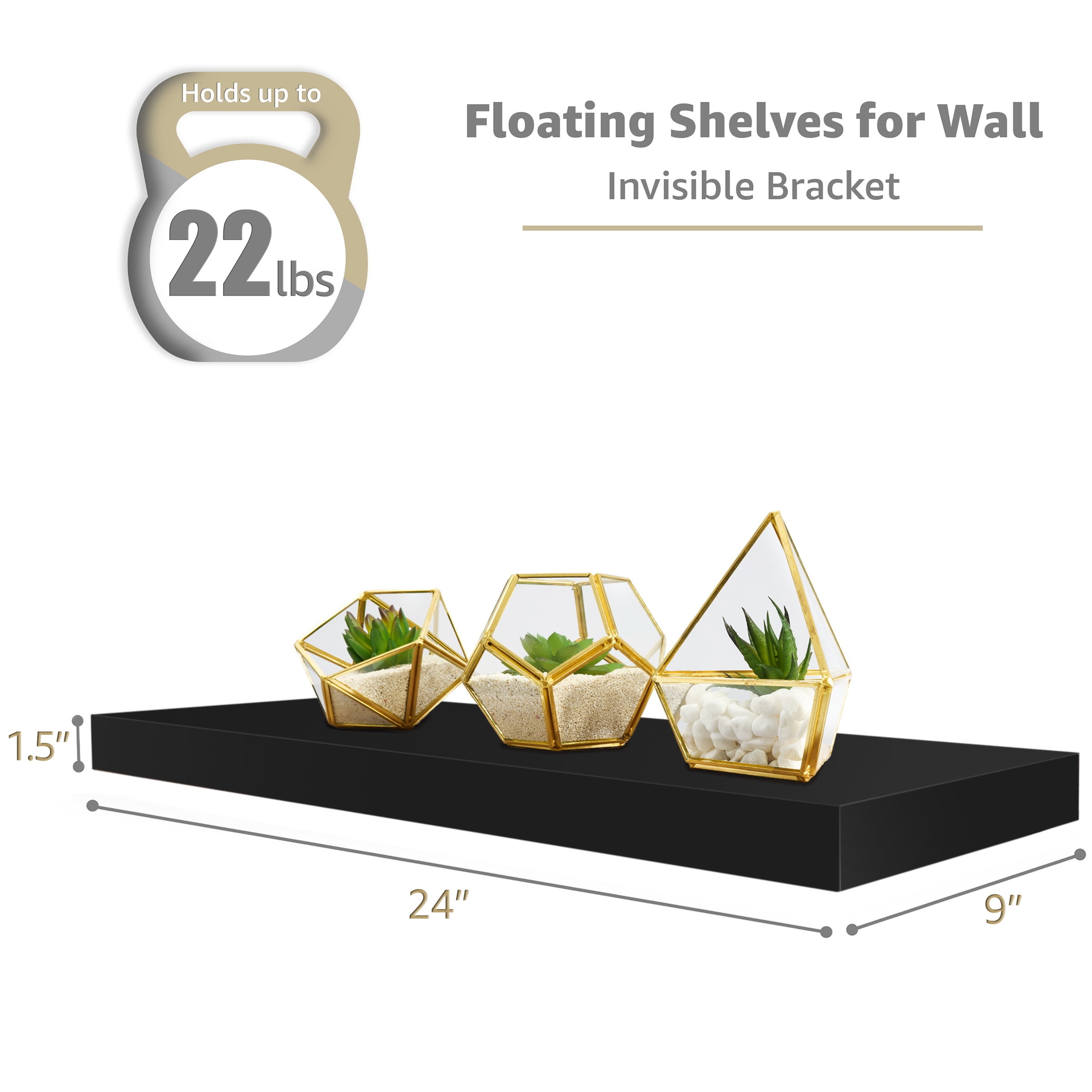 Sorbus Wall Mounted Floating Shelves for Wall Décor - Large 24 Inch, 3 Pack, Black