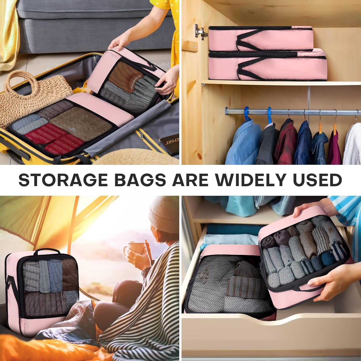 4 PCS Set Compression Packing Cubes for Travel, Lightweight Packaging Organizer Bags for Carry On Space Saving, Travel Essentials Cubes for Suitcase Backpack, Pink