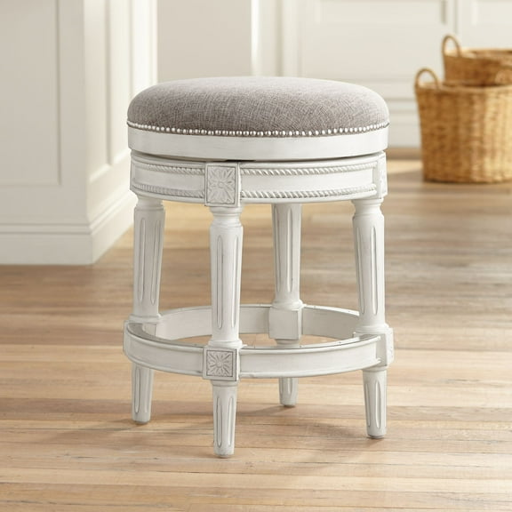 55 Downing Street Oliver Wood Swivel Bar Stool Distressed White 24 1/2" High Traditional Pewter Round Cushion with Footrest for Kitchen Counter Island