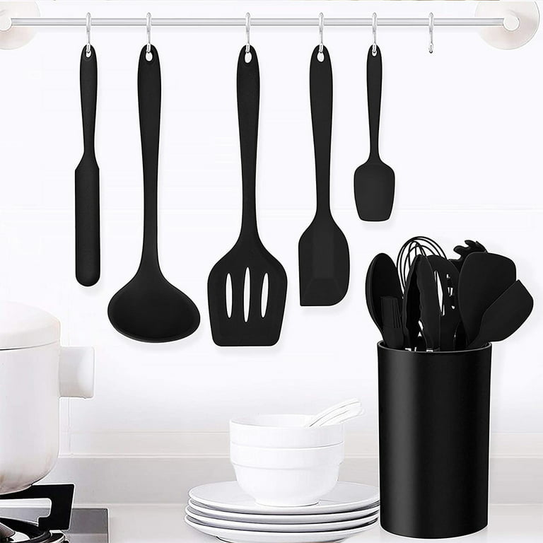 Walchoice 14 Pcs Cooking Utensils Set with Holder, Heat Resistant Silicone  Kitchen Cookware Utensils Set, Kitchen Cooking Tools Includes Spatula Spoon  Turner Whisk Tong, Dishwasher safe, Black 