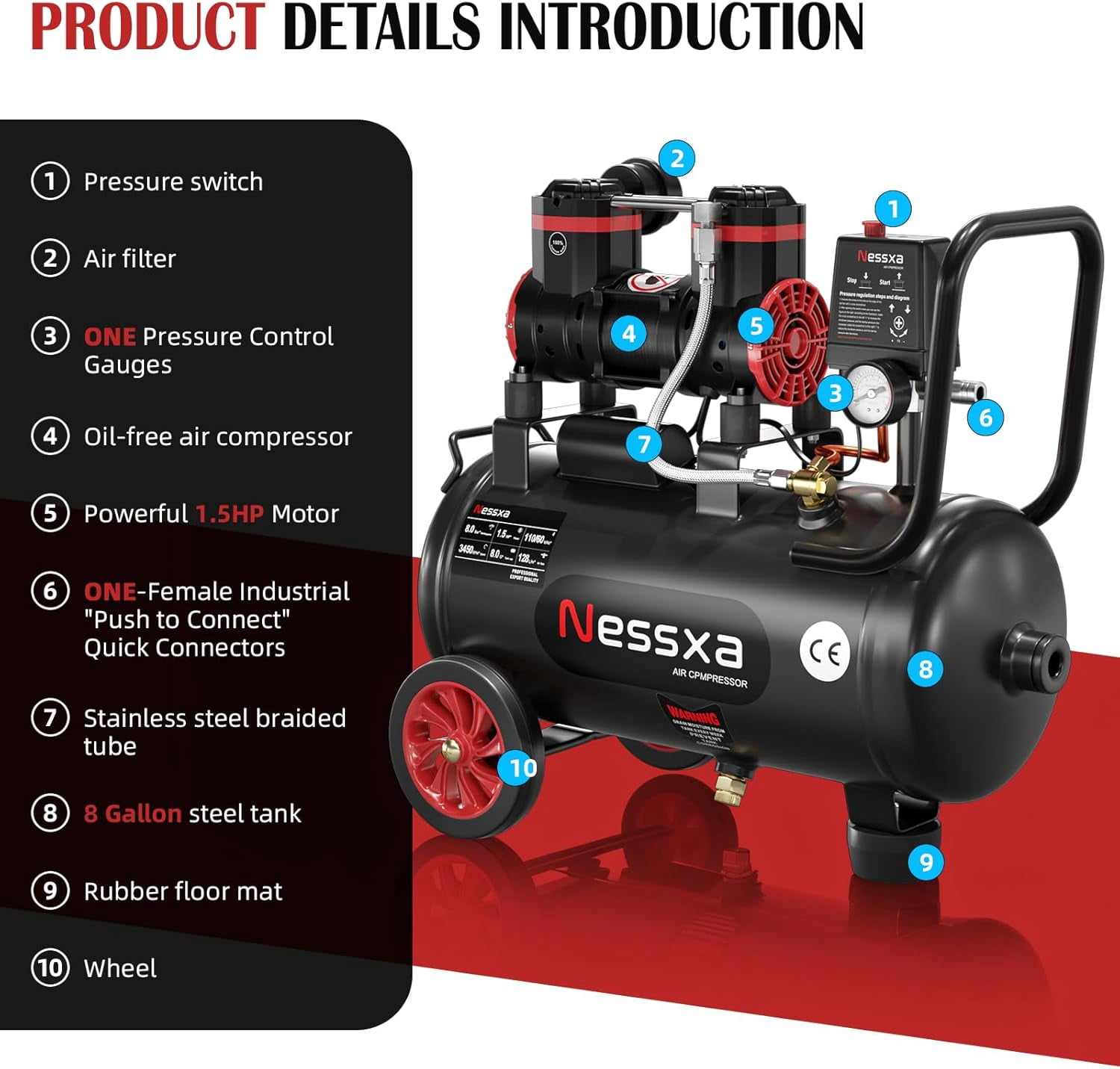 8 Gallon Ultra Quiet Oil-Free Air Compressor, 1.5HP 4.52 CFM 115 PSI, 70dB 110V Portable Air Compressor for Car Repair, Spray Painting, Woodwork Nailing