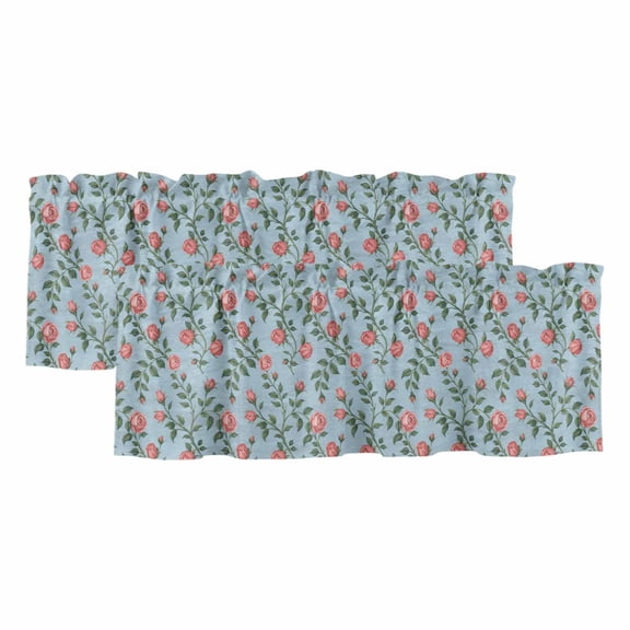 Spring Roses Botanical Curtain Valances for Windows, Kitchen Valance Window Treatments Panel 2 Pack, Farmhouse Floral Blue Rod Pocket Short Curtains for Bathroom Bedroom 42 x 12 Inch