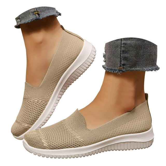 Mepaouo Chaussures Mocassins de Marche pour Femmes à Enfiler Légères à Bout Rond en Tricot Plates Espadrilles de Course Tennis