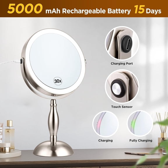 Makeup Mirror with Light, 30x Magnifying Mirror with 3 Lights Colors, 5000mAh Vanity Mirror Brushed Nickel - 360° Rotation, Brightness Adjustable Magnification, Modern Style Side Touch Side Charge