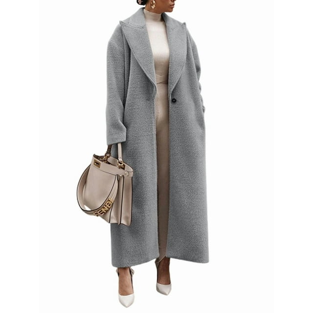 Womens Fashion Notched Lapel Single Breasted Open Front Maxi Long Trench Coat Overcoat with Pockets Gray M