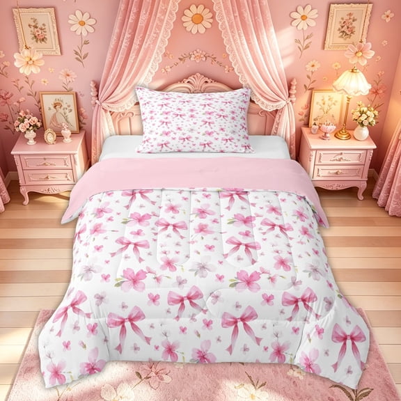 Meiyoeat Cherry Blossom Bow Twin Comforter Sets for Women Girls, Cartoon Watercolor Pink Floral Bedding Set, Pink Reversible, 2pcs