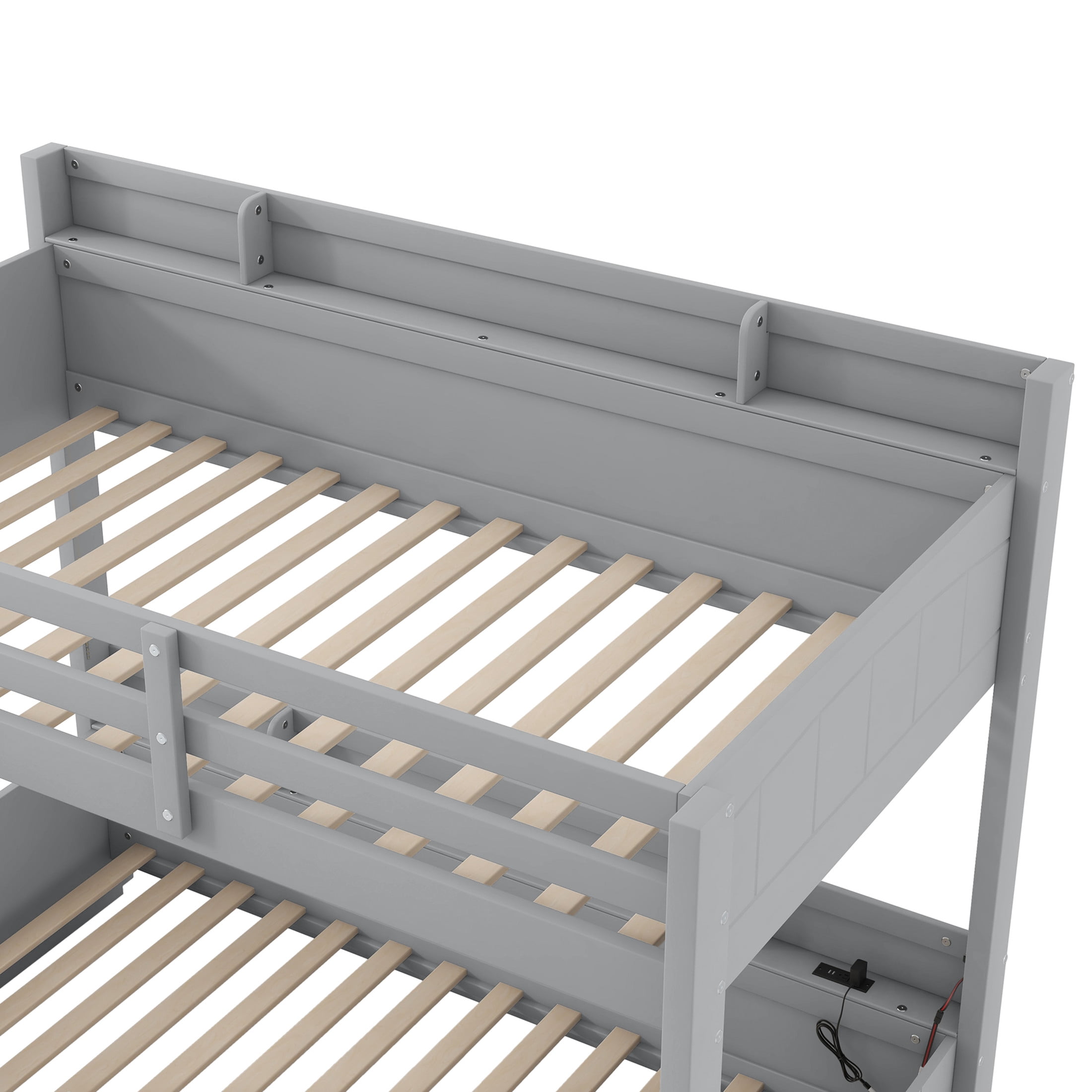 Noble House Alver Twin over Full Bunk Bed with Charging Station, LED Lighting, and Storage Shelves, Space Saving, Gray