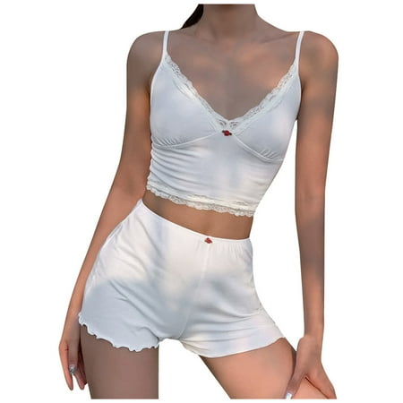 

Zlekejiko Women Girls V-neck Fashion Lace Sleeveless Rose Shorts Home Wear Pajamas Suit