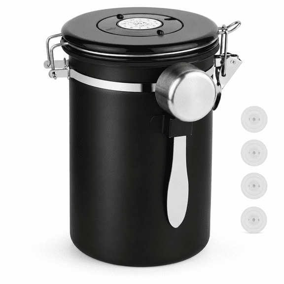 Coffee Canister for Beans, Airtight Coffee Storage Container with Date Tracker Lid, Stainless Steel Scoop & 4 Replacement Valves, Black