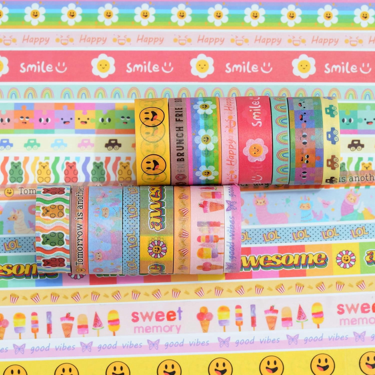 Cute Cartoon Washi Tape Set 16 Rolls Bright Colors Kawaii Masking Graphic Decorative Tapes for Arts, DIY Crafts, Journals, Planners, Scrapbook, Wrapping