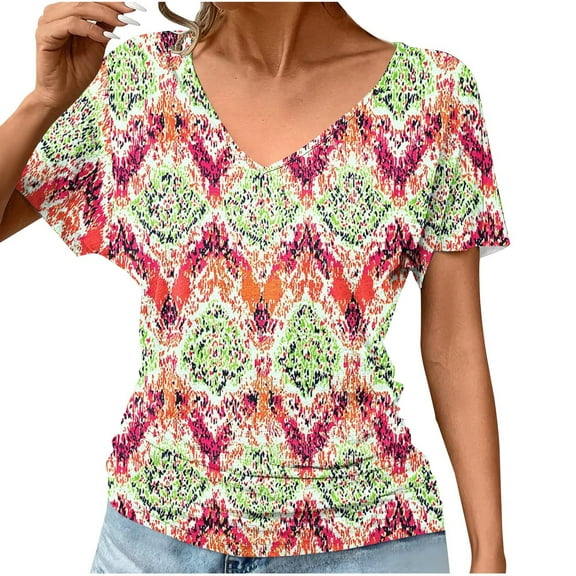 GaThRRgYP Womens tops V Neck Short Sleeve,Fashion Women's Casual Short Sleeve Printing V-Neck Blouse Floral Ruched T-Shirt Casual Feminine Red S
