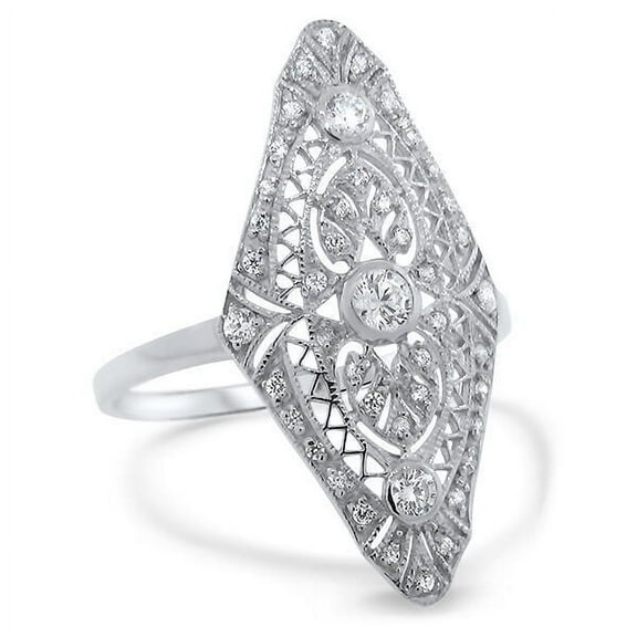 Vintage Art Deco Openwork Filigree Ring 1.9 Ct Simulated Diamond 14K White Gold Over