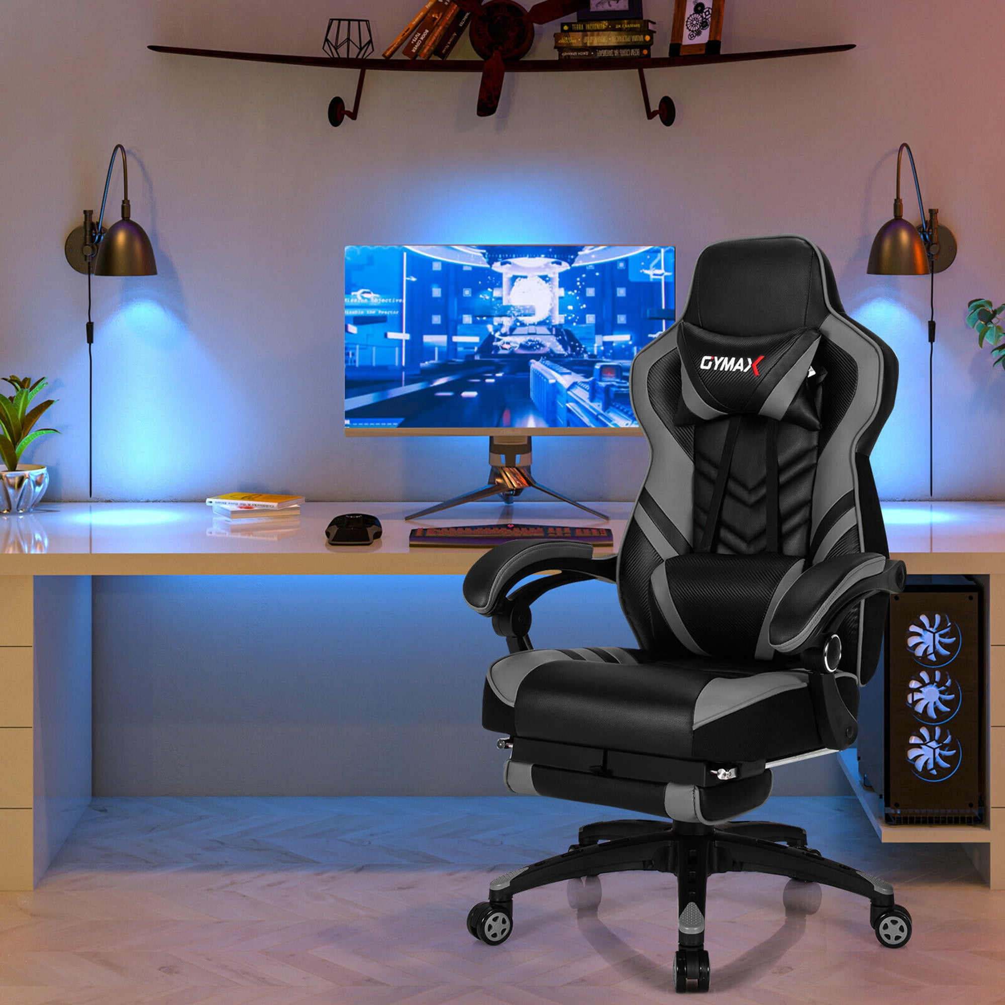 Gymax Office Computer Desk Chair Gaming Chair Adjustable Swivel w/Footrest Grey