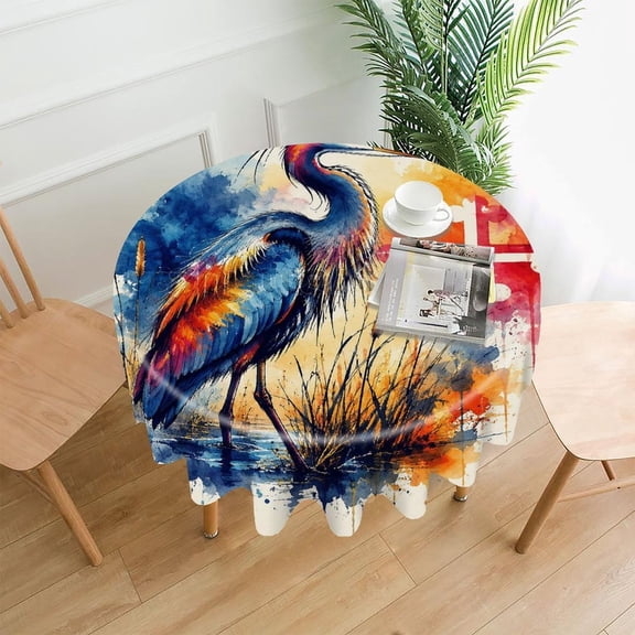 RKSupls 60 Inch Round Tablecloth, Heron Watercolor Marsh Premium Polyester Straight Edge Wrinkle Resistant Washable Table Cover for Party Home Dining Decor