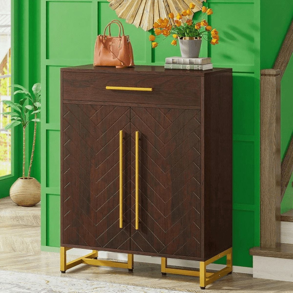 5-Tier Shoe Cabinet with Drawer - 20-Pair Capacity, Adjustable Shelves, Walnut Finish with Gold Accents, for Entryway/Living Room