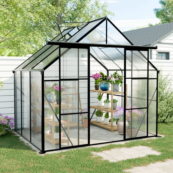 IMagacFun 8x6 Polycarbonate Greenhouse Heavy Duty Walk-in Greenhouse with Sliding Door and Aluminum Frame for Outdoor Garden Backyard Black