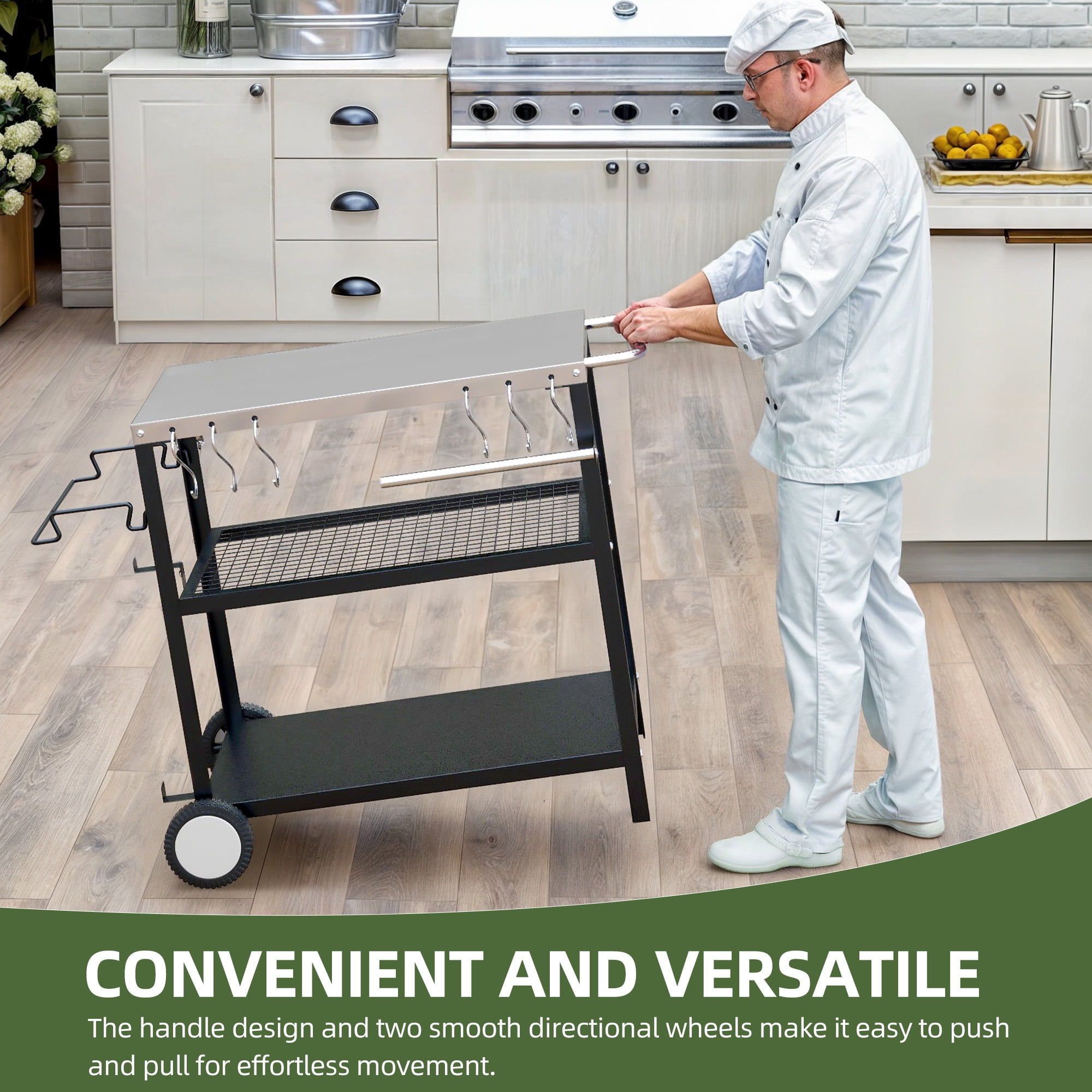 Uforic Rolling Outdoor Grill Table with Wheels, 3 Shelf Pizza Oven Cart, Outside Food Prep Stand