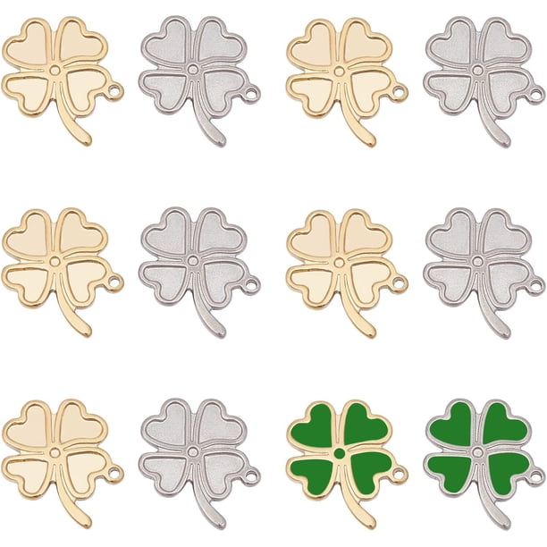 12 piezas de dijes con base de trébol de cuatro hojas en 2 colores, engastes para colgantes de acero inoxidable 304, bandeja vacía para dijes de metal con orificio de 1,4 mm para esmalte.