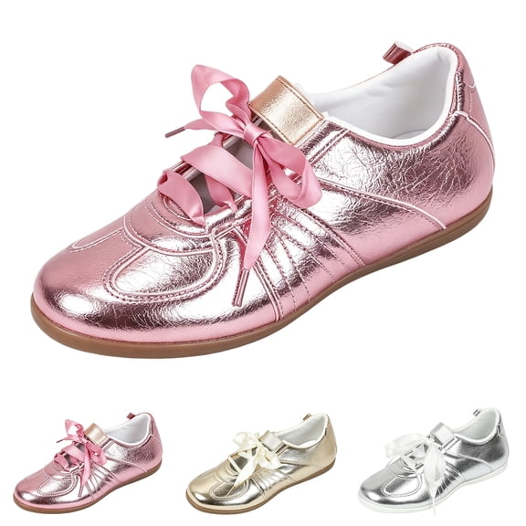 Bbyeadc Women's Fashion Platform Sneakers Metallic Shiny, Satin Ribbon Laces Patent Leather Casual Flat Shoes, Glitter Tennis Footwear,Gold (42)