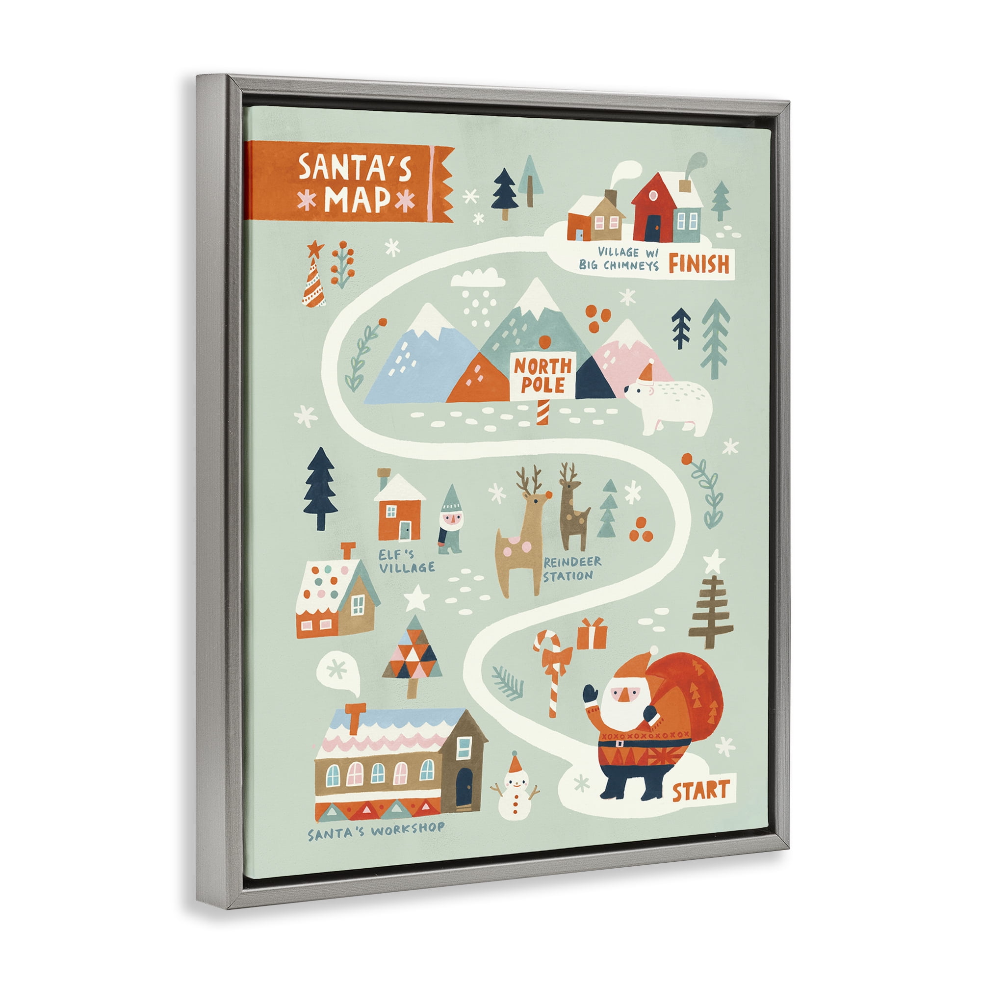 Stupell Industries Jolly Map Of North Pole Holiday Painting Gray Floater Framed Canvas Art Prints Wall Art, 25 x 31
