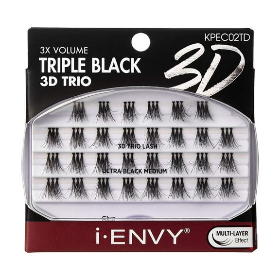 iENVY False Eyelashes Triple Black 3D Individual Trio Lashes 3X Volume Reusable Eyelash Clusters (Medium)