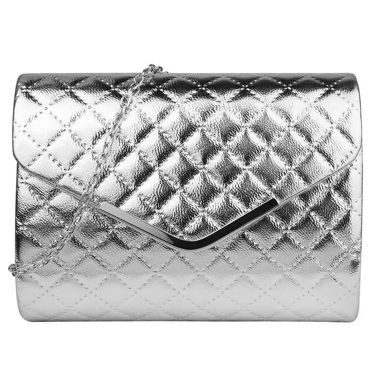 QuiltedClutch Quilted Texture Clutch Bag with Silver Chain Shoulder Strap for Women Travel Organization, Women's, Size: Medium, Gray