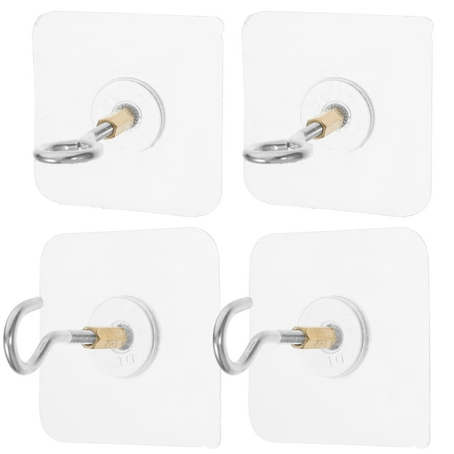 4pcs adhesive ceiling hooks by WINSKYALL, featuring a durable PVC and metal construction with a transparent square base. These heavy-duty hooks utilize high-strength nano double-sided tape for secure attachment to ceilings without leaving marks. The set includes both open and closed hook designs, suitable for hanging plants, lights, wind chimes, or lanterns. Each hook measures 6.00x6.00x5.50cm (2.36x2.36x2.16in) and is ideal for versatile use in kitchens, bathrooms, bedrooms, or offices.