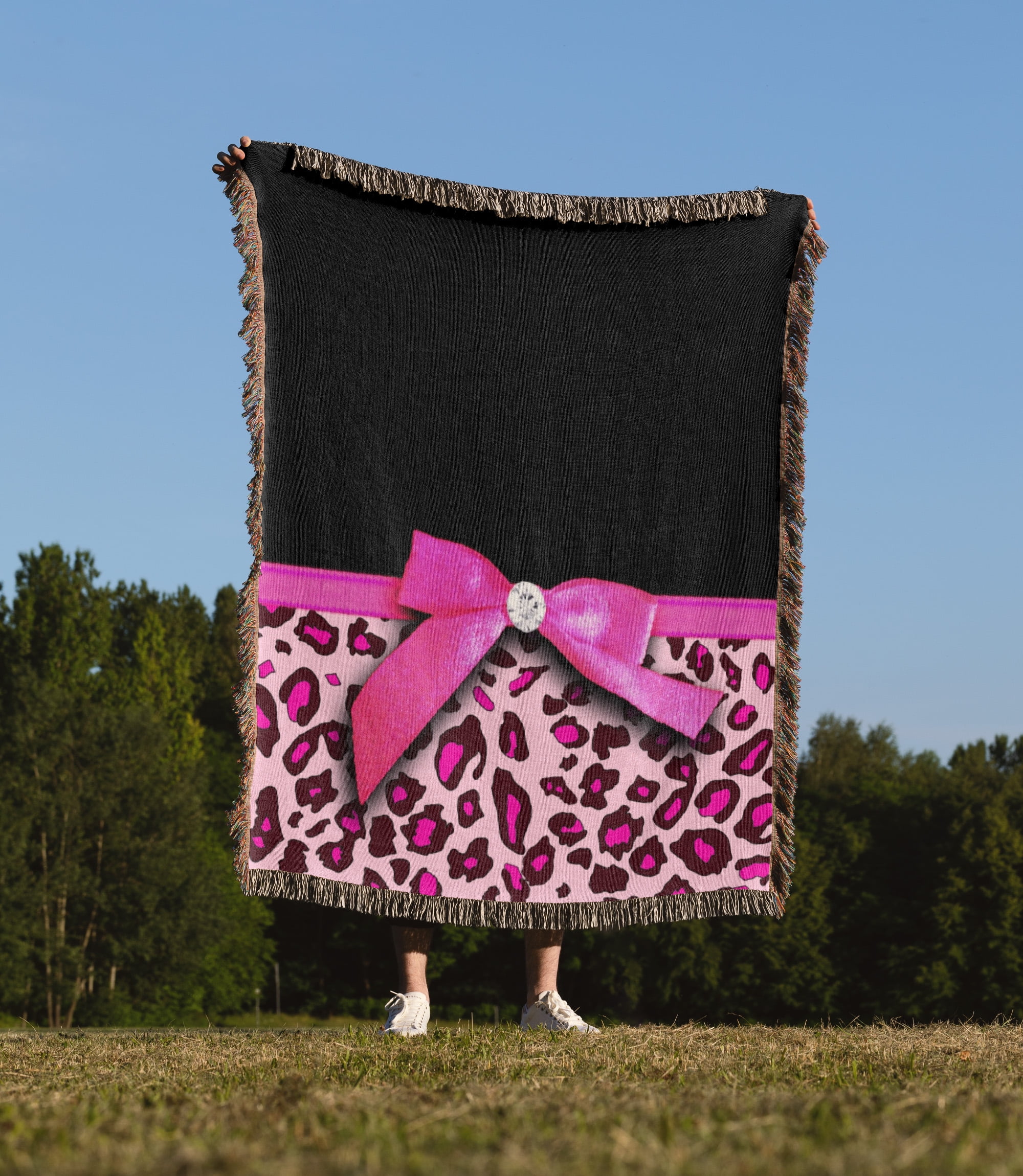 Hot Pink Leopard Animal Print With Glamorous Faux Ribbon Bow - Girly Glam Graphic - Stylish Black, Woven Blanket