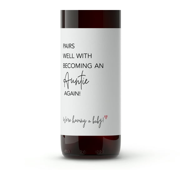 Pairs Well With Becoming an Auntie Again ● SET of 4 ● GENDER NEUTRAL Pregnancy Announcement Wine Labels, Baby Announcement Friends Sisters Label Pregnancy Reveal, Alternative to Card Onesie A200-4A1A