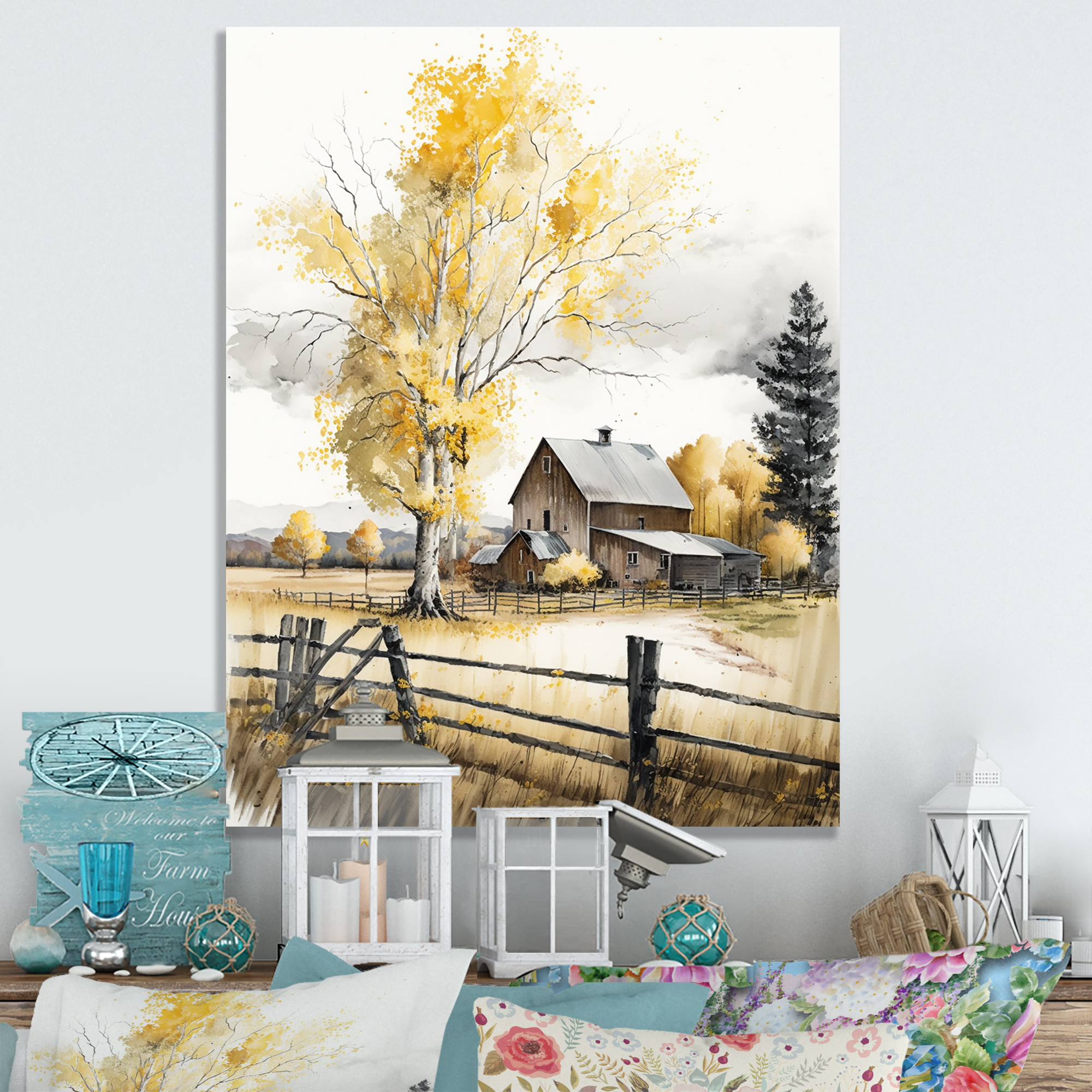 Designart Yellow Barn In Spring VIII Canvas Wall Art