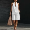 thumbnail image 7 of Qwertyu Linen Sets for Women 2 Piece Summer Outfits V Neck Halter Sleeveless Tops and Wide Leg Bermuda Shorts Cotton Linen Casual Two Piece Sets White 2XL, 7 of 7