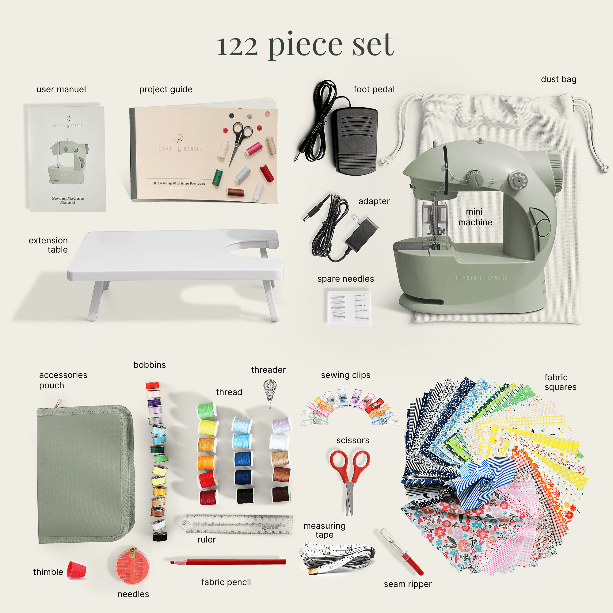 Virtu 122 PC Mini Portable Sewing Machine for Beginner, Kids Sewing Machine and Adults with Craft Supplies, Green