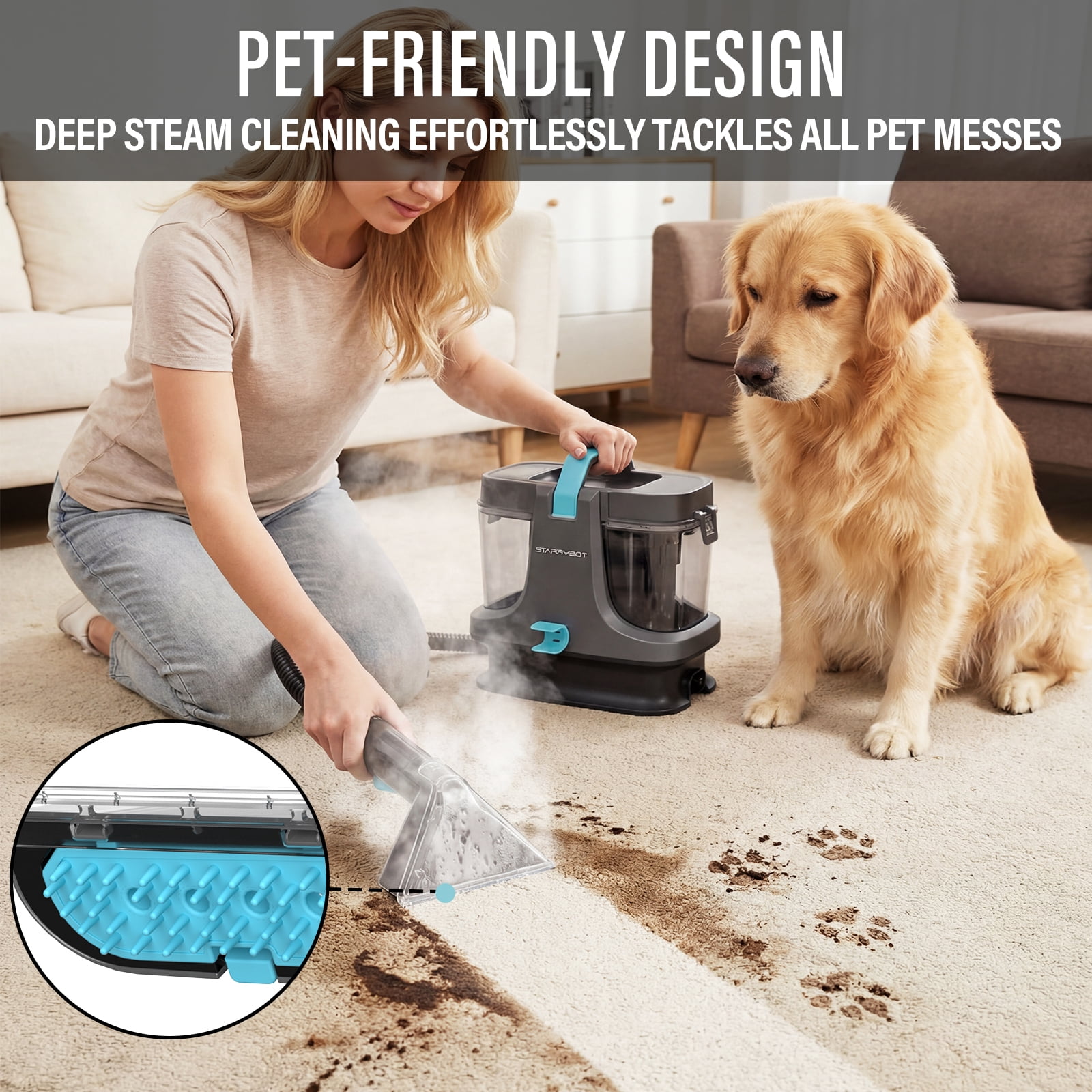 Starrybot Portable Carpet Cleaner Machine with Steam and Heating Techology,18Kpa Powerful Suction with Versatile Tools for Pets, Couch,Spot Cleaner for Stairs/Furniture/Rug