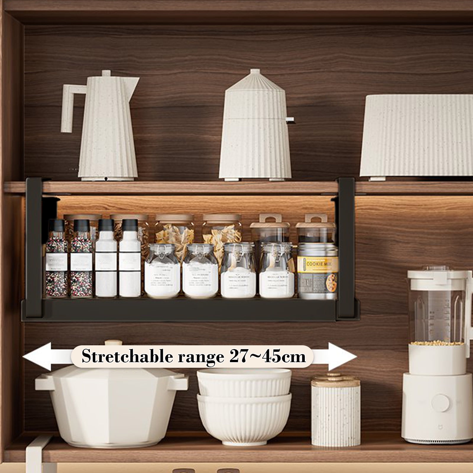 Under Shelf Basket, Adjustable Telescopic Kitchen and Bathroom Storage Organizer, Under Cabinet Storage Basket with Steel Construction, Easy Installation for Pantry Organization