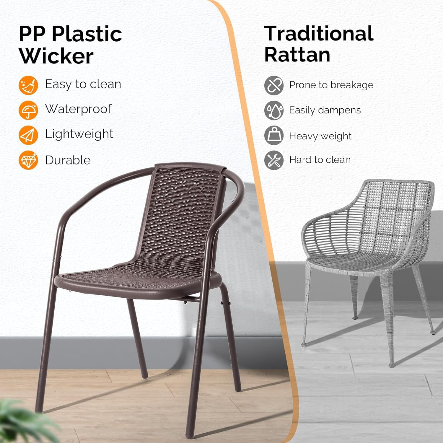 PEXMOR PE Rattan Outdoor Dining Chairs Set of 4, Plastic Stackable Patio Chairs for Garden, Porch & Indoor Use
