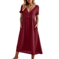 thumbnail image 3 of XUNKUSGA Womens Summer Dresses Casual Soild Color Cotton Linen Maxi Dress Loose V Neck Button Down Short Sleeve Sundresses for Women with Pockets,Red,XL, 3 of 10