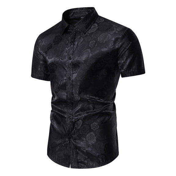 Mens Short Sleeve Fashion Button Up Shirt Rose Print Casual Slim Dress Shirt Black XXL