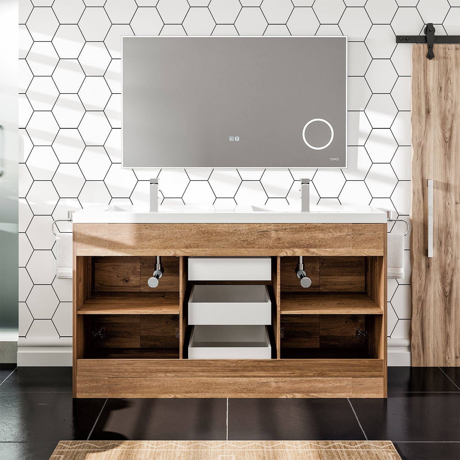 Eviva Lugano 60" Natural Oak Modern Double Sink Bathroom Vanity w/ White Integrated Top