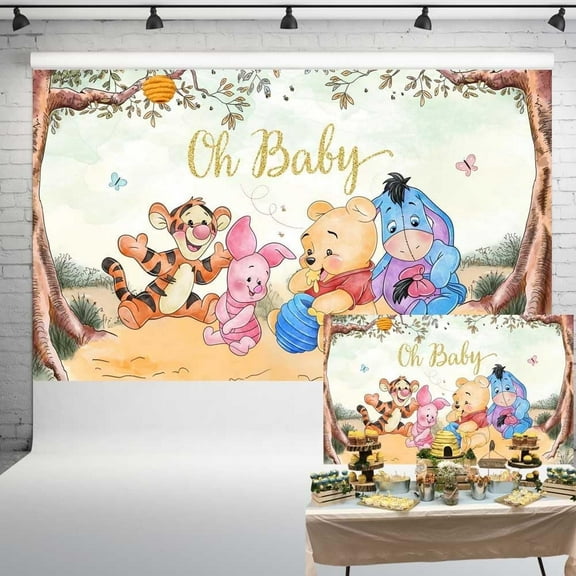 Oh Baby Pooh Backdrop Vintage Pooh Bear Baby Shower Background Classic Winnie and Friends Party Decorations Newborn Birthday Background 5x3 ft