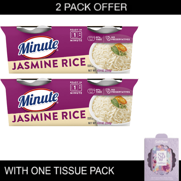 2x Minute Ready-to-Eat Jasmine Rice, Microwaveable Rice Cups, 4.4 oz, 2 Count with tissue pack