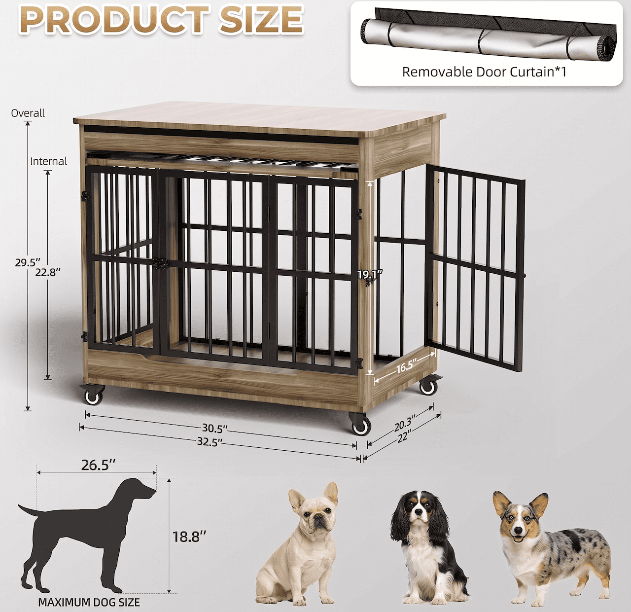 Xiweot 32" Dog Crate Furniture, Wooden Dog Kennel with Double Doors & Wheels, Indoor Pet Cage End Table for Small & Medium Dogs, Dog Kennel Furniture with Privacy Curtain, Size M, GREIGE