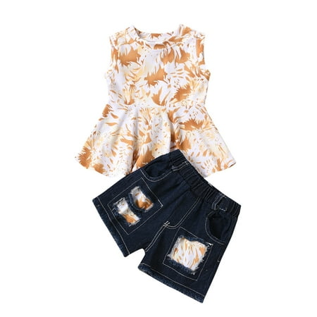 

Musuos Kids Girls Floral Print Round Collar Sleeveless Pullover+ Denim Shorts