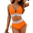 thumbnail image 1 of Women Tummy Control Swimsuits Color Block Two Piece Drawstring Bathing Suit Orange Red L, 1 of 7