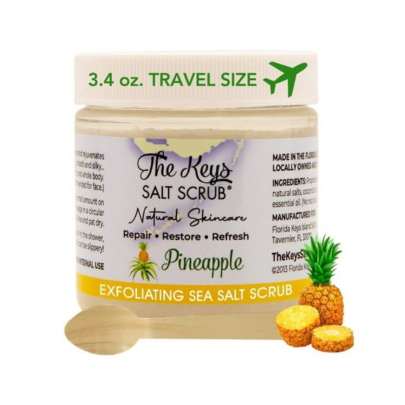 The Keys Exfoliating Sea Salt Body Scrub - Organic Body Scrub with Pure Florida Sea Salt, Ideal Salt Scrub for Hands, Feet, Bikini Area, and Travel Size Body Scrub for Men & Women, Pineapple, 3.4 oz