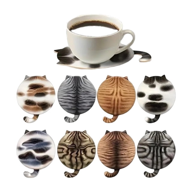 Wood Cup Coaster Set of 8, Cat Engraved Decorative Cup Pads for Mugs, Glasses, Coffee and Tea, Reusable Tabletop Protection for Home, Restaurants and Cafes, Gift for Cat Lovers