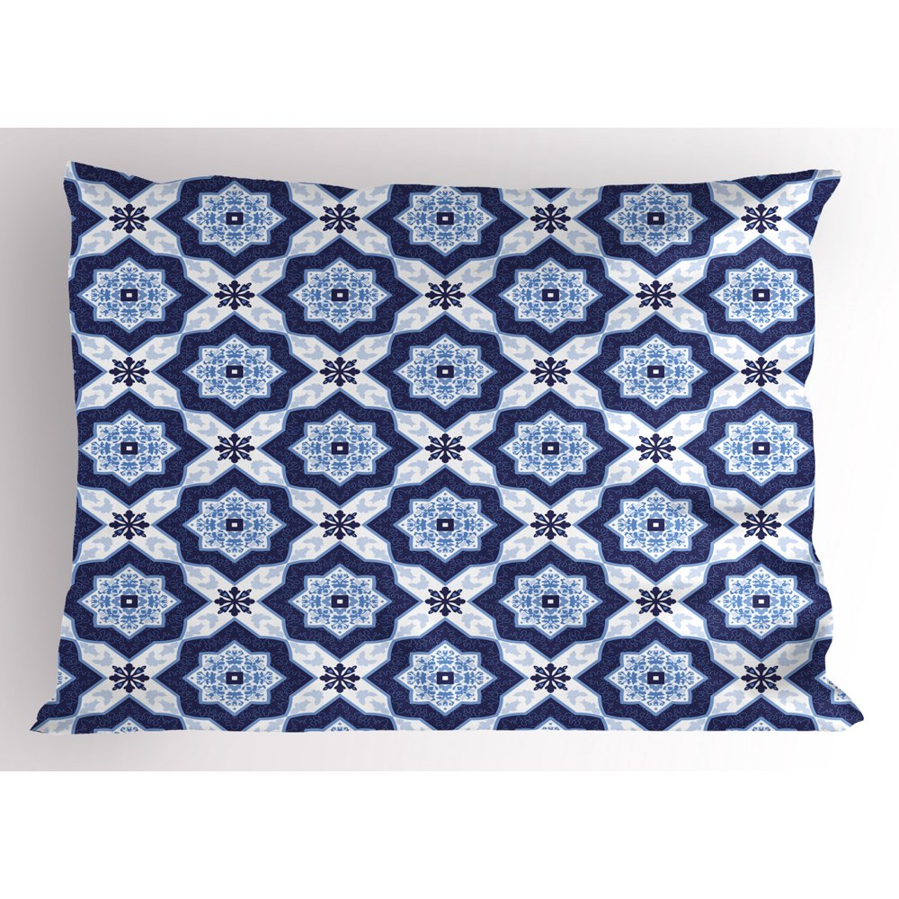 Blue Pillow Sham Traditional Portuguese Azulejo Tile Vintage Style Floral Mosaic Pattern