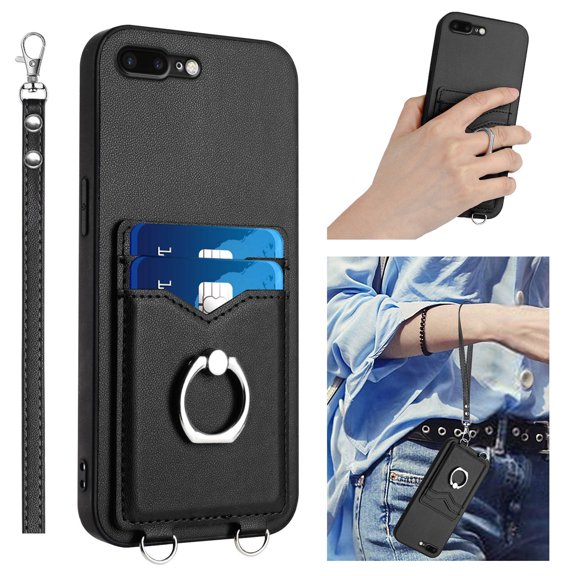Wallet Case for iPhone 7 Plus/8 Plus, Stylish Ultra Slim PU Leather Card Slots Ring Stand Wrist Strap Shockproof Protective Thin Lightweight Back Case Cover for iPhone 7 Plus/8 Plus, Black