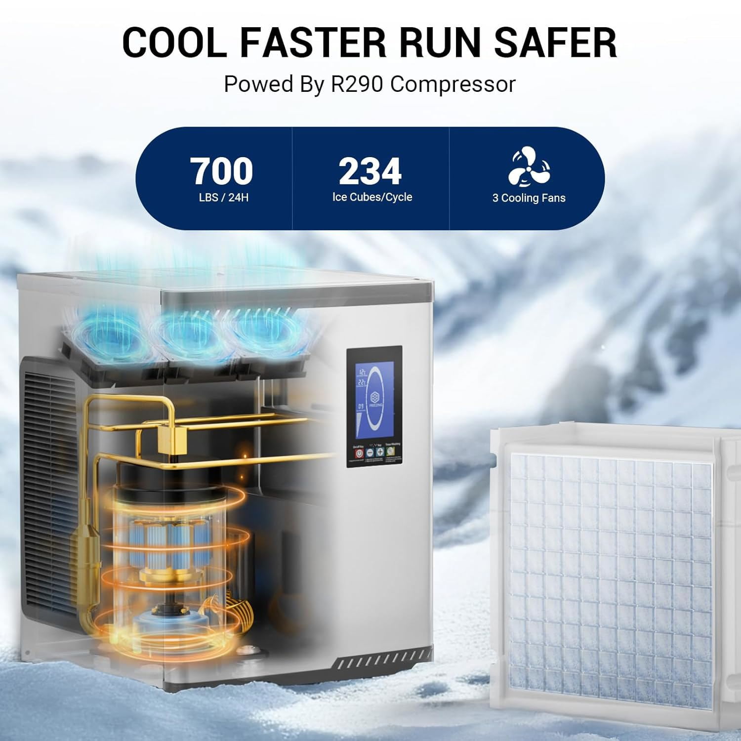 Joreek Commercial Ice Maker Machine, 700 LBS/24h Ice Machine with Large 400 LBS Storage Bin, 234 Ice Ready in 8-12 Min, Self-Cleaning Commercial Ice Maker for Bar, Restaurant, Cafe