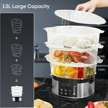 3 Tier Food Steamer for Cooking, FOHERE 800W Electric Food Steamer for Cooking, Auto Shut-off 60-min Timer, Rice Bowl Included, 13.7QT